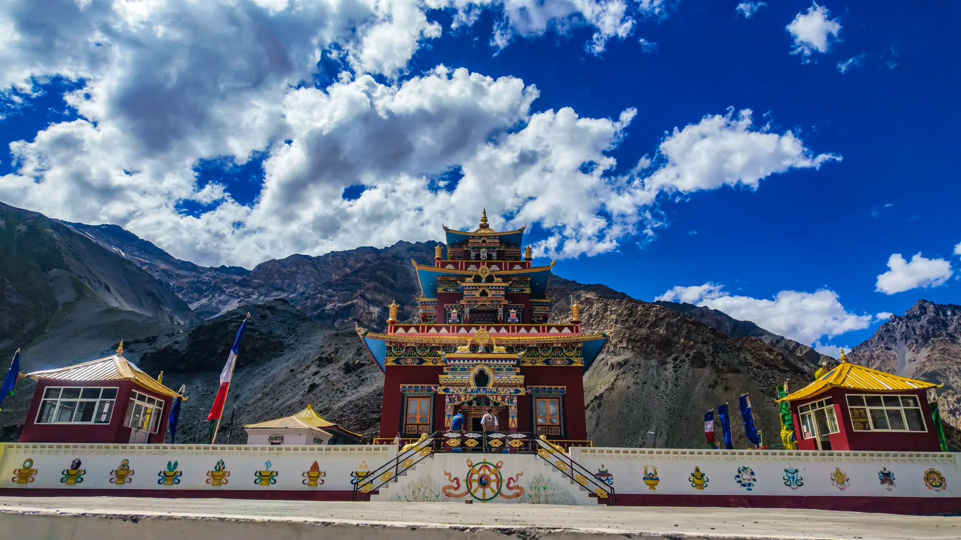 Tibetan Buddhist monastery near Kaza with Spiti Valley mountains